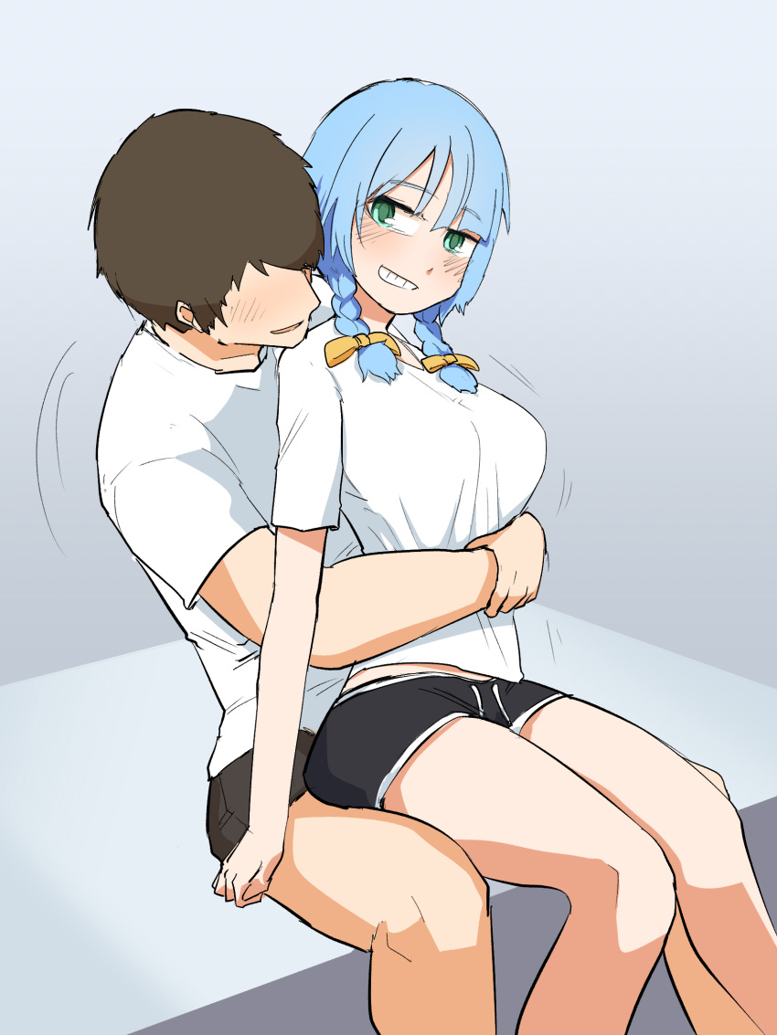 1boy 1girl blush bow braid commander_(last_origin) faceless faceless_male green_eyes grin guiltyrace hair_bow hetero highres hug last_origin light_blue_hair short_shorts shorts sitting sitting_on_lap sitting_on_person smile triaina twin_braids