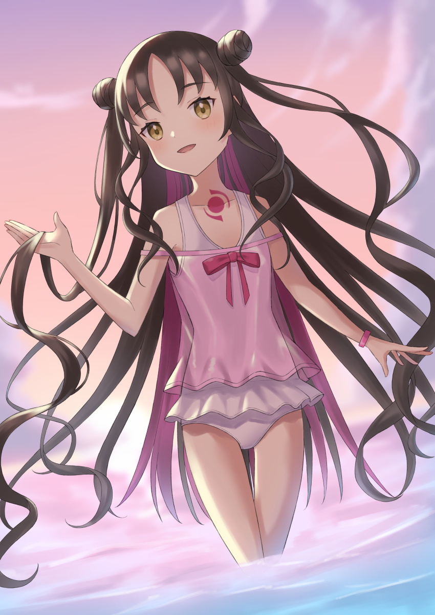 1girl absurdres arm_up brown_eyes brown_hair camisole clouds double_bun fate/grand_order fate_(series) hair_bun highres holding holding_hair long_hair one-piece_swimsuit open_mouth pink_camisole sesshouin_kiara sesshouin_kiara_(lily) sky smile solo swimsuit taryo thigh_gap thighs very_long_hair wading water white_swimsuit
