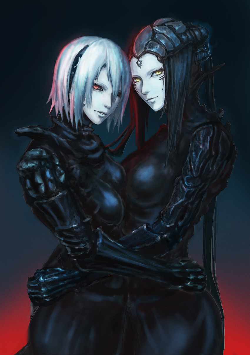 2girls absurdres auto black_hair blame! breasts closed_mouth cyberpunk facial_mark highres long_hair looking_at_viewer medium_breasts multiple_girls pale_skin pcell silicon_creature simple_background smile