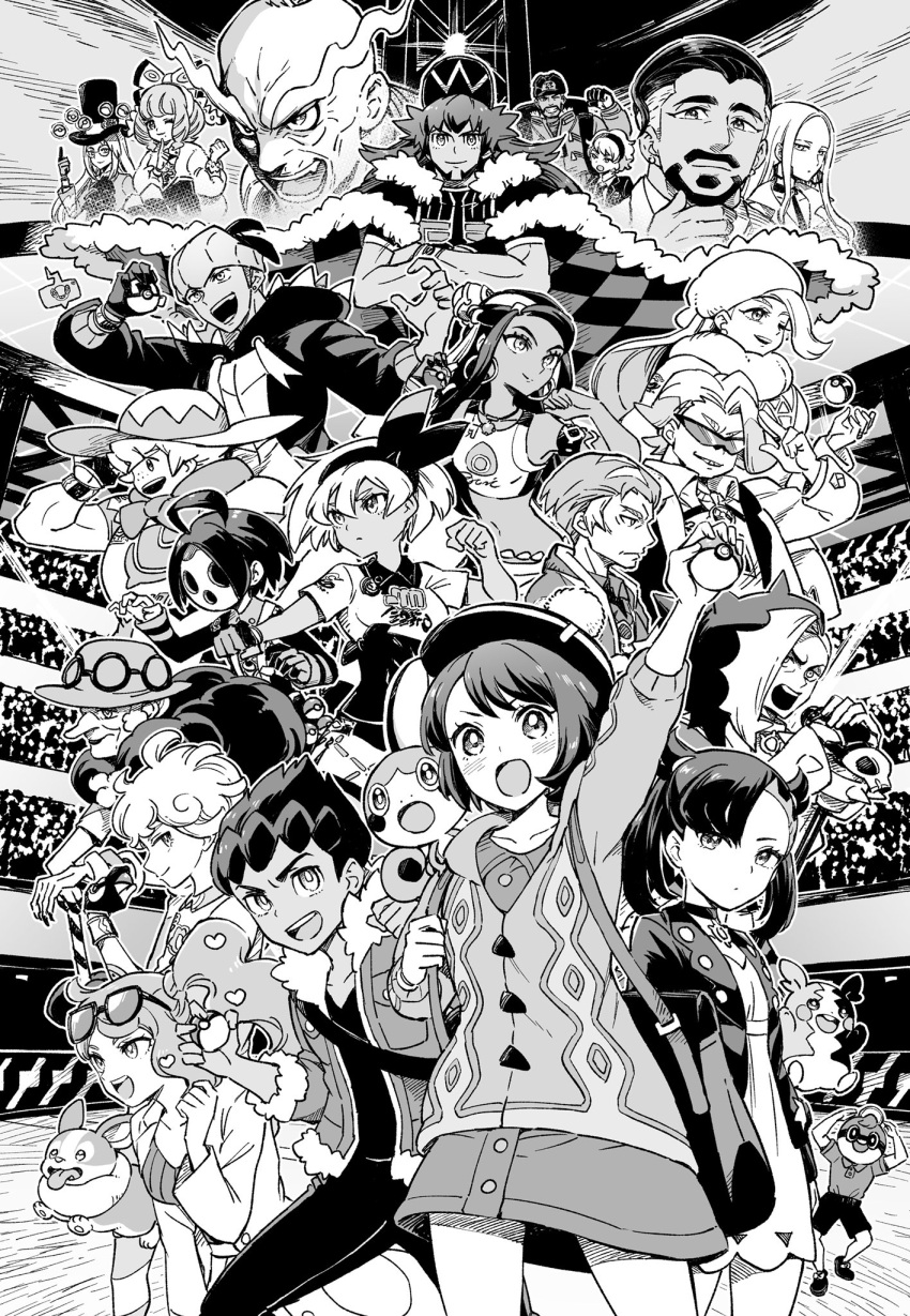 6+boys 6+girls ahoge allister_(pokemon) argyle arm_up avery_(pokemon) backpack bag ball_guy bangs baseball_cap bea_(pokemon) bede_(pokemon) blush buttons cable_knit cane cape cardigan champion_uniform choker clenched_hands closed_mouth collared_dress collared_shirt commentary_request crossed_arms curly_hair dress dynamax_band earrings expedition_uniform eyelashes eyewear_on_head facial_hair floating floating_object fur-trimmed_cape fur-trimmed_jacket fur_trim gloria_(pokemon) gloves gordie_(pokemon) greyscale hair_ornament hand_up hat heart heart_hair_ornament helmet highres holding holding_cane holding_poke_ball holding_strap holster hood hood_down hoodie hop_(pokemon) index_finger_raised jacket jewelry kabu_(pokemon) klara_(pokemon) leon_(pokemon) long_eyebrows long_hair long_sleeves looking_at_viewer marnie_(pokemon) mask melony_(pokemon) milo_(pokemon) monochrome morpeko morpeko_(full) multiple_boys multiple_girls mustard_(pokemon) navel nessa_(pokemon) oleana_(pokemon) one_eye_closed opal_(pokemon) open_clothes open_jacket open_mouth pants partially_fingerless_gloves peonia_(pokemon) peony_(pokemon) poke_ball poke_ball_(basic) pokemon pokemon_(game) pokemon_swsh raihan_(pokemon) ribbed_shirt rose_(pokemon) rotom rotom_phone scarf sharumon shirt short_hair short_sleeves side_ponytail sidelocks single_glove sonia_(pokemon) stadium sunglasses teeth telekinesis tied_hair tongue top_hat towel towel_around_neck upper_teeth yamper