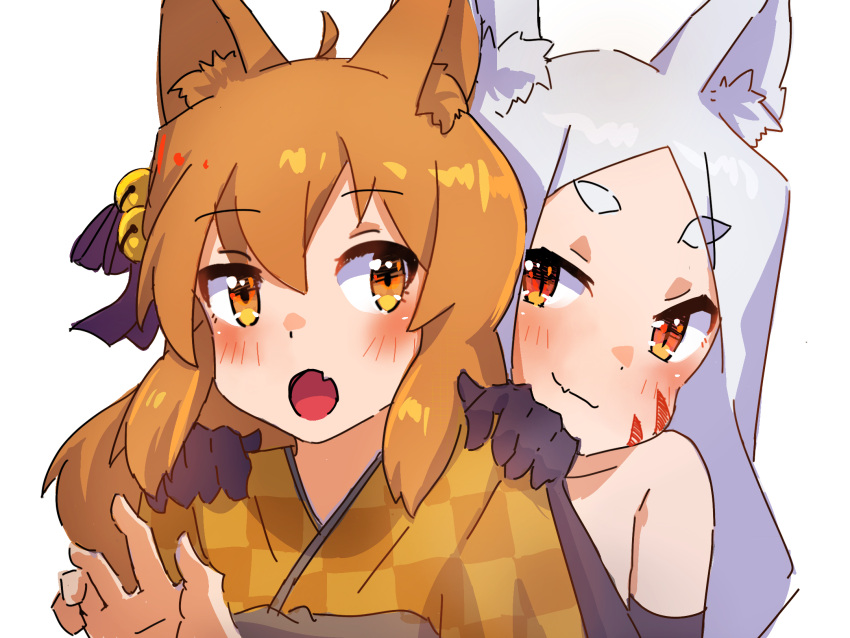 2girls ahoge animal_ear_fluff animal_ears bangs bell black_bow black_gloves blush bow brown_eyes brown_hair brown_kimono checkered checkered_kimono closed_mouth commentary_request elbow_gloves eyebrows_visible_through_hair facial_mark fang fang_out forehead fox_ears gloves hair_bell hair_between_eyes hair_bow hair_ornament hands_on_another's_shoulders hands_up highres japanese_clothes jingle_bell kimono kuro_kosyou multiple_girls parted_bangs red_eyes sewayaki_kitsune_no_senko-san shiro_(sewayaki_kitsune_no_senko-san) short_eyebrows silver_hair simple_background smile thick_eyebrows upper_body whisker_markings white_background