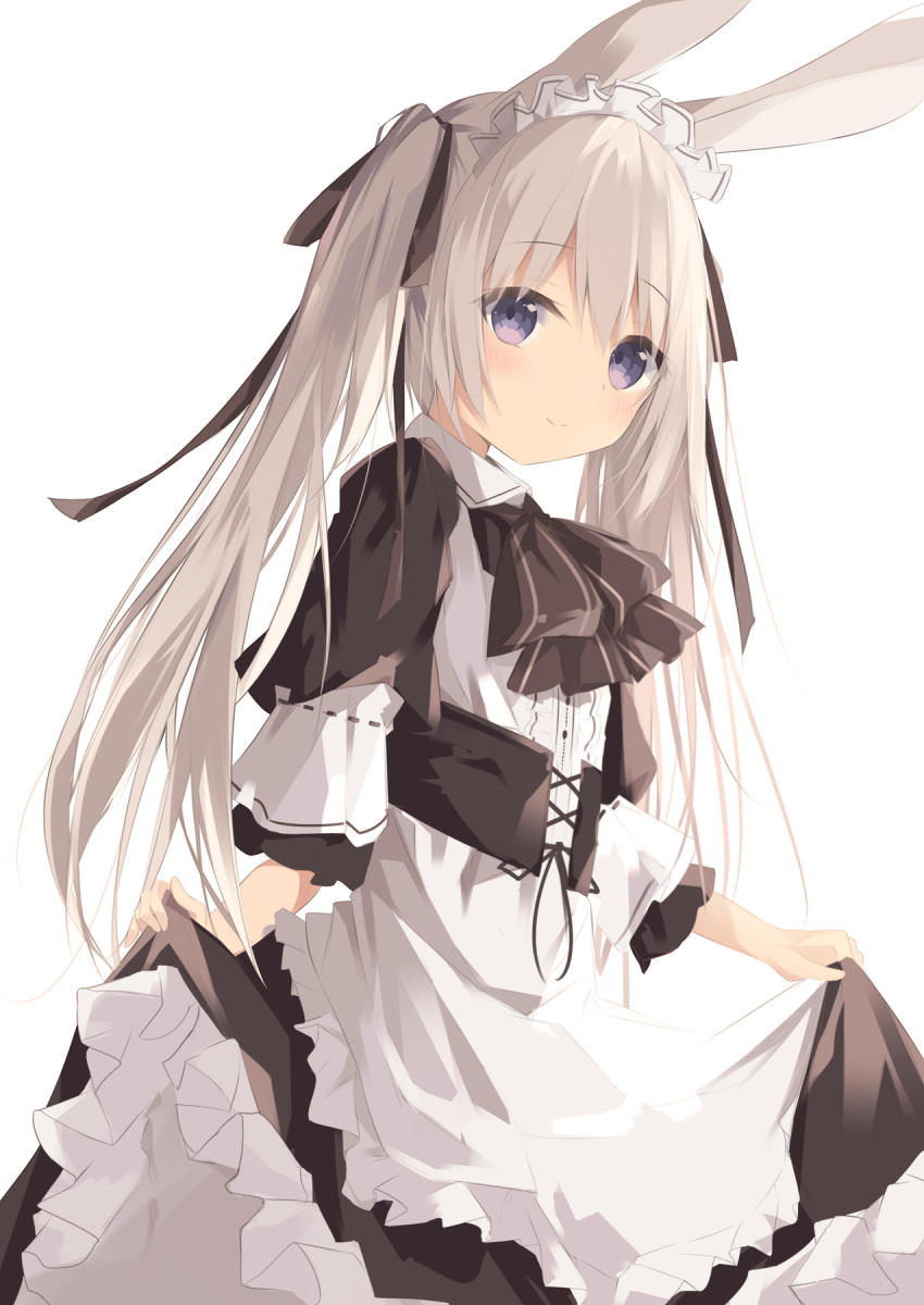 1girl animal_ears apron bangs black_bow black_dress blush bow closed_mouth commentary_request dress eyebrows_visible_through_hair frilled_apron frilled_dress frills hair_between_eyes highres kushida_you long_hair maid maid_headdress original puffy_short_sleeves puffy_sleeves rabbit_ears short_sleeves simple_background smile solo twintails very_long_hair violet_eyes waist_apron white_apron white_background
