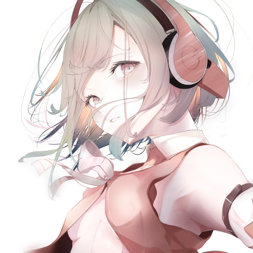 1girl absurdres arm_belt armpit_peek bangs bare_shoulders breasts brown_hair brown_vest chunithm collarbone commentary_request headphones highres kisaragi_yaya light_smile looking_at_viewer open_clothes open_vest parted_lips pink_eyes ribbon short_hair sideways_glance simple_background sky_feather small_breasts solo translucent_hair upper_body vest white_background white_ribbon wing_collar