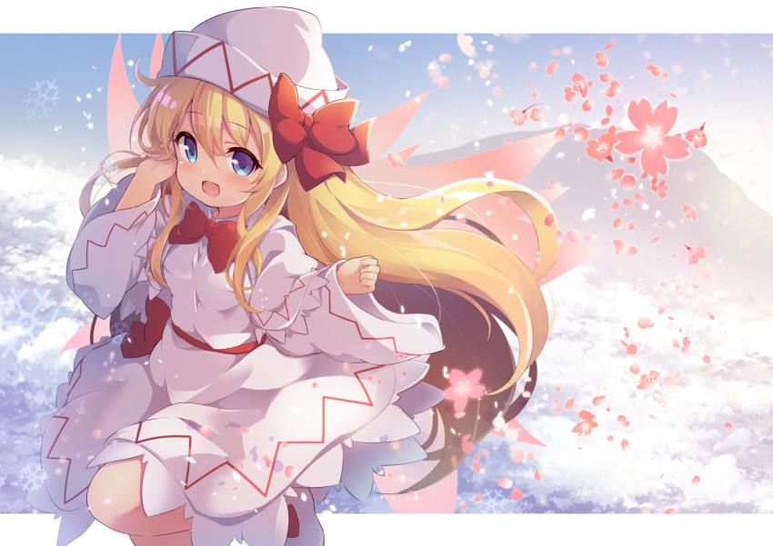 1girl :d baku-p bangs blonde_hair blue_eyes blue_sky blush bow bowtie breasts clouds commentary_request dress eyebrows_visible_through_hair fairy_wings flying full_body hair_between_eyes hat hat_bow highres lily_white long_sleeves looking_at_viewer open_mouth petals red_bow red_neckwear short_hair sky small_breasts smile snowflakes socks solo touhou waist_bow white_background white_dress white_headwear white_legwear wide_sleeves wings