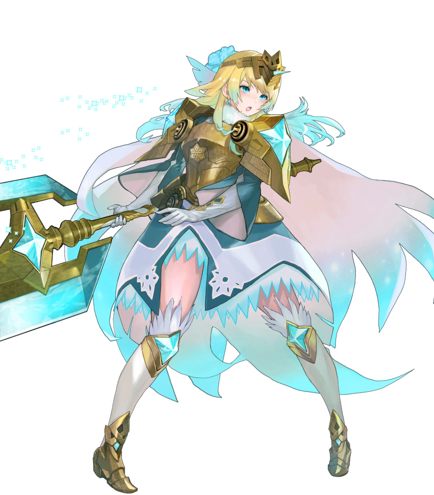 1girl ankle_boots armor armored_dress axe bangs battle_axe blonde_hair blue_eyes blue_hair boots breastplate cape dress earrings feather_trim fire_emblem fire_emblem_heroes fjorm_(fire_emblem) full_body fur_trim gloves gradient gradient_clothes gradient_hair highres holding holding_weapon jewelry maeshima_shigeki medium_hair multicolored_hair official_art shoulder_armor solo thigh-highs tiara two-tone_hair weapon zettai_ryouiki