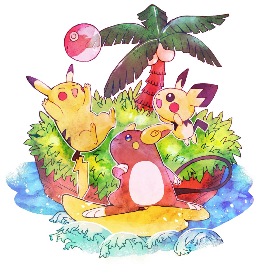 :d alolan_raichu ball beachball blue_eyes chabo_(starchabo) closed_eyes closed_mouth commentary_request evolutionary_line grass happy highres open_mouth outline pichu pikachu pokemon smile surfing toes tree water