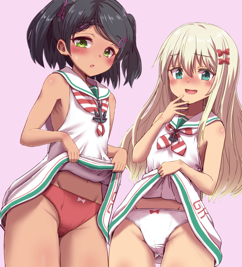 2girls absurdres aqua_eyes bangs black_hair blonde_hair blush clothes_lift dress dress_lift eyebrows_visible_through_hair grecale_(kancolle) green_eyes hair_between_eyes hair_ornament hair_ribbon hairclip highres kantai_collection lifted_by_self long_hair multiple_girls open_mouth panties pink_background red_panties ribbon sailor_dress scirocco_(kancolle) simple_background sleeveless sleeveless_dress striped striped_neckwear sweat unagiman underwear white_dress white_panties