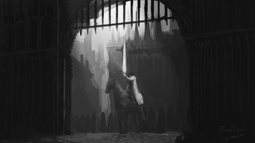 bloodborne castle cloak gate highres holding holding_sword holding_weapon horseback_riding long_coat ludwig_the_accursed monochrome moonlight_greatsword riding sword tripdancer two-handed_sword weapon