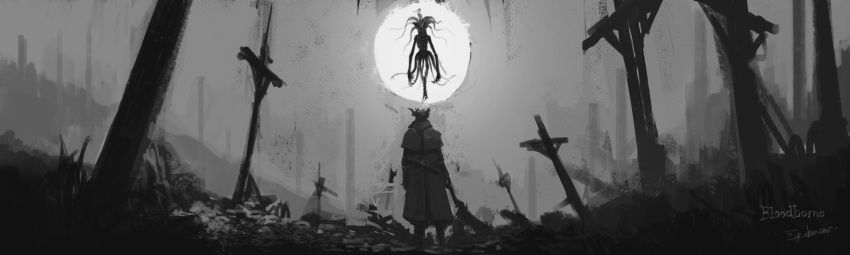 1other bloodborne cloak coat cross eldritch_abomination floating from_behind full_moon gloves hat highres holding holding_weapon hunter_(bloodborne) monster moon moon_presence outdoors saw_cleaver sky standing tentacles tripdancer weapon