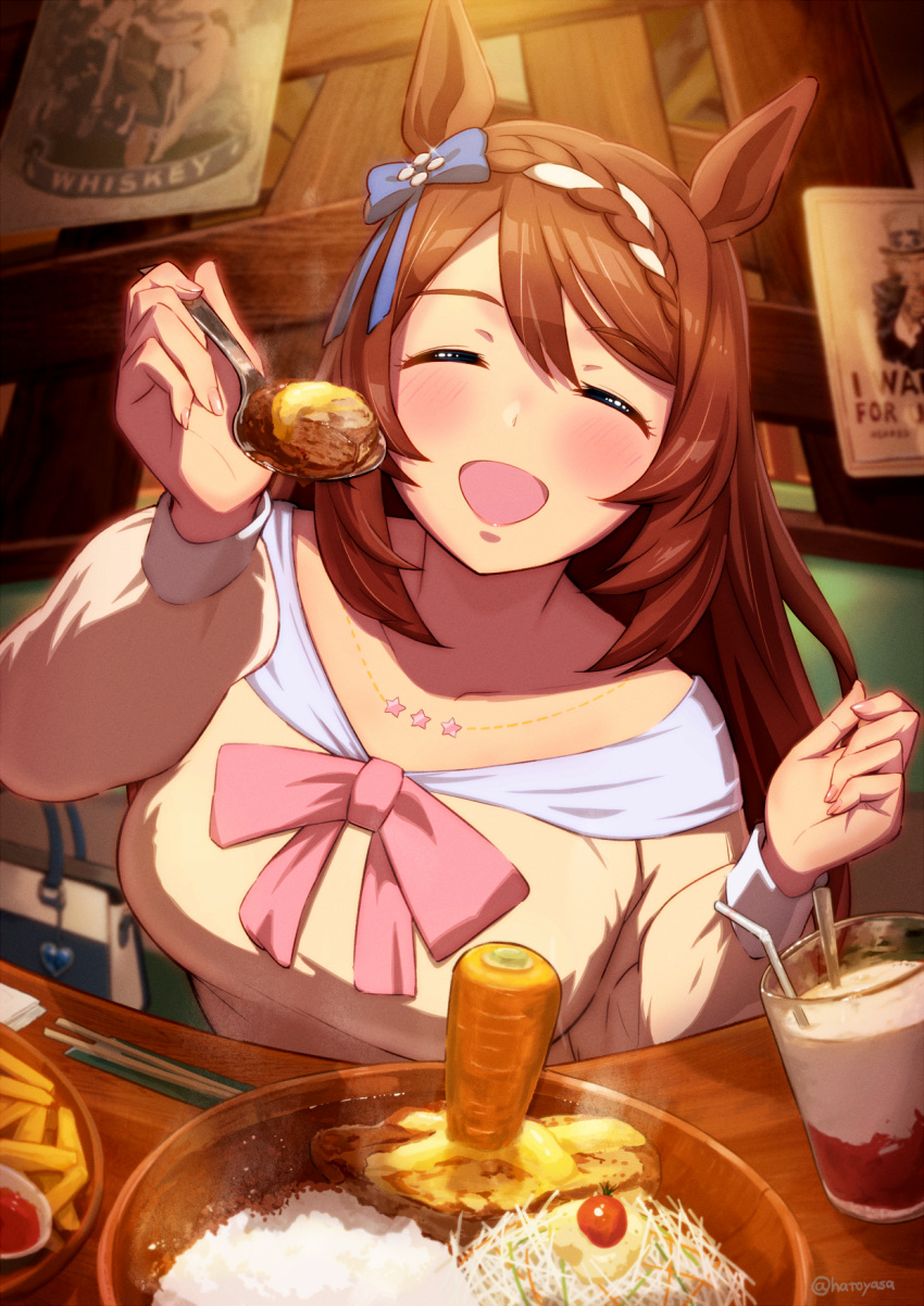 1girl animal_ears bag beige_shirt blue_bow blush bow braid breasts brown_hair carrot casual chopsticks closed_eyes commentary_request cup drinking_straw facing_viewer feeding fisheye food french_fries hair_bow handbag highres holding holding_spoon horse_ears i_want_you indoors jewelry large_breasts long_hair long_sleeves multicolored_hair necklace open_mouth pink_bow plate puffy_long_sleeves puffy_sleeves rice smile solo spoon streaked_hair super_creek_(umamusume) table twitter_username umamusume uncle_sam upper_body yasa_hattori