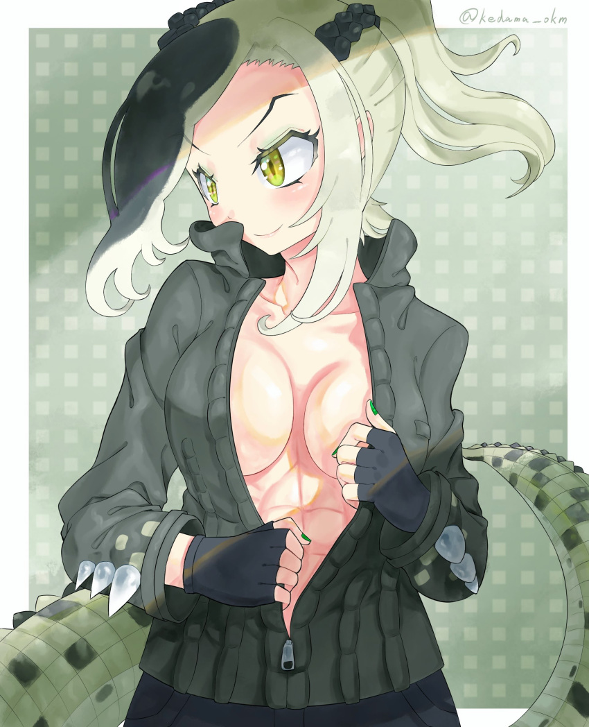 1girl abs black_gloves braid breasts closed_mouth collarbone collared_jacket crocodilian_tail eyebrows eyebrows_visible_through_hair fingerless_gloves fingernails french_braid gloves green_eyes green_hair green_jacket green_nails high_collar high_ponytail highres jacket kedama_(ughugjydthjdf) kemono_friends long_hair long_sleeves looking_to_the_side medium_hair multicolored_hair nail_polish no_bra pants partially_unzipped saltwater_crocodile_(kemono_friends) sidelocks smile solo spikes stomach tail toned twitter_username unaligned_breasts undressing upper_body zipper zipper_pull_tab