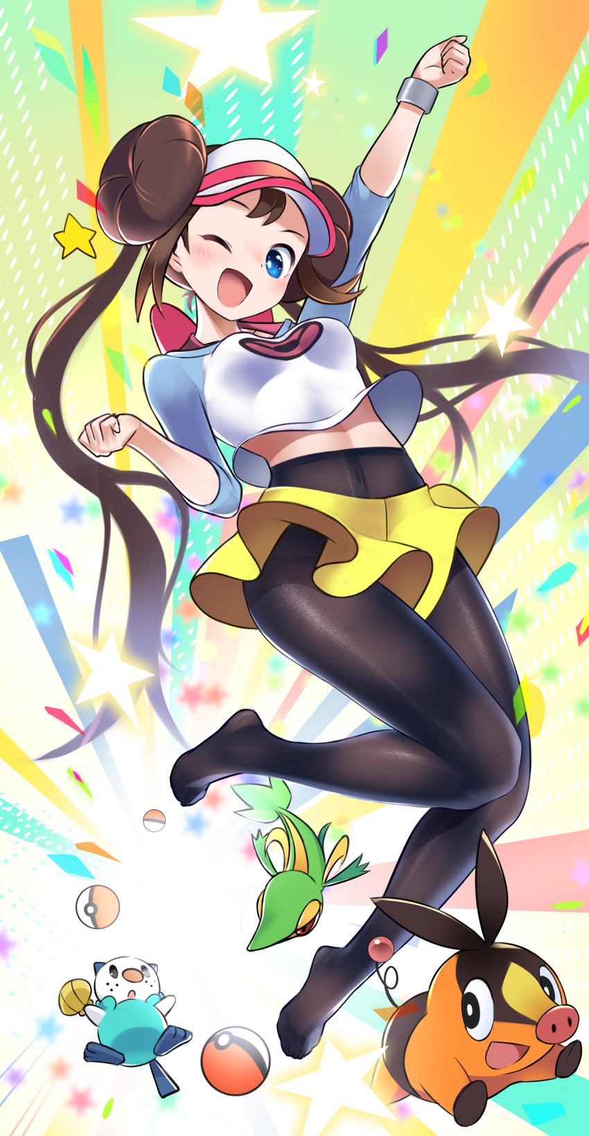 1girl ;d absurdres arm_up black_legwear blue_eyes breasts brown_hair double_bun floating_hair highres jumping legwear_under_shorts long_hair medium_breasts midriff_peek no_shoes one_eye_closed open_mouth oshawott pantyhose poke_ball_print pokemon print_shirt raglan_sleeves rosa_(pokemon) shirt shorts smile snivy starter_pokemon_trio tepig tm_(hanamakisan) twintails upshirt very_long_hair visor_cap