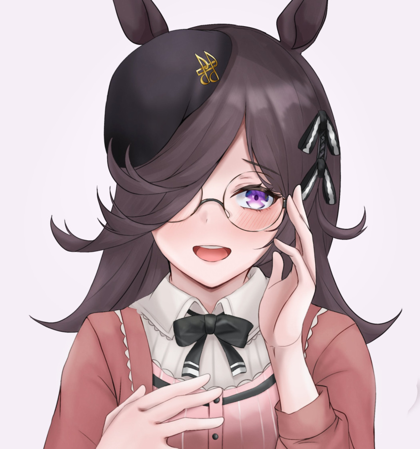 1girl animal_ears bespectacled black_headwear black_ribbon blush brown_hair collared_shirt eighth_note glasses hair_over_one_eye hair_ribbon hand_on_own_chest hat highres horse_ears long_hair long_sleeves looking_at_viewer musical_note neck_ribbon open_mouth red_shirt ribbon rice_shower_(umamusume) round_eyewear shirt simple_background solo taishi_karibe umamusume upper_body violet_eyes