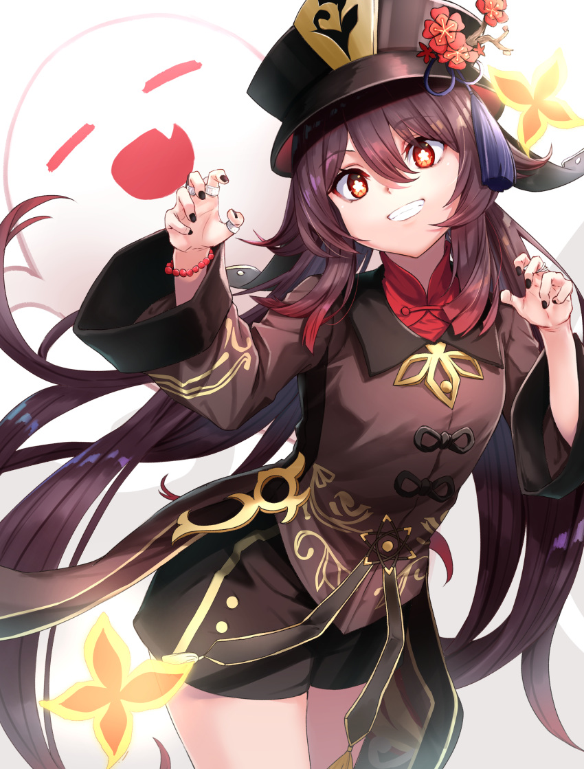 1girl absurdres black_headwear black_nails black_shorts brown_hair claw_pose collared_coat cowboy_shot flower flower-shaped_pupils genshin_impact ghost gradient_hair grin hair_between_eyes hands_up happy hat hat_flower highres hu_tao_(genshin_impact) jewelry leaning_forward long_hair long_sleeves looking_at_viewer m.tokotsu multicolored_hair multiple_rings nail_polish plum_blossoms porkpie_hat red_eyes red_flower redhead ring short_shorts shorts smile solo symbol-shaped_pupils thumb_ring twintails two-tone_hair very_long_hair wide_sleeves