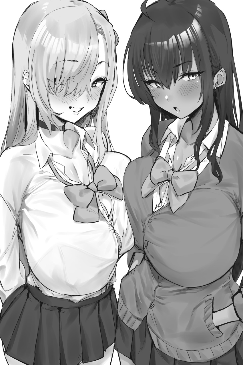 2girls absurdres asuna_(blue_archive) bangs blue_archive blush breasts dark-skinned_female dark_skin greyscale grin hair_over_one_eye highres hotate-chan karin_(blue_archive) large_breasts long_hair looking_at_viewer monochrome multiple_girls open_mouth skirt smile