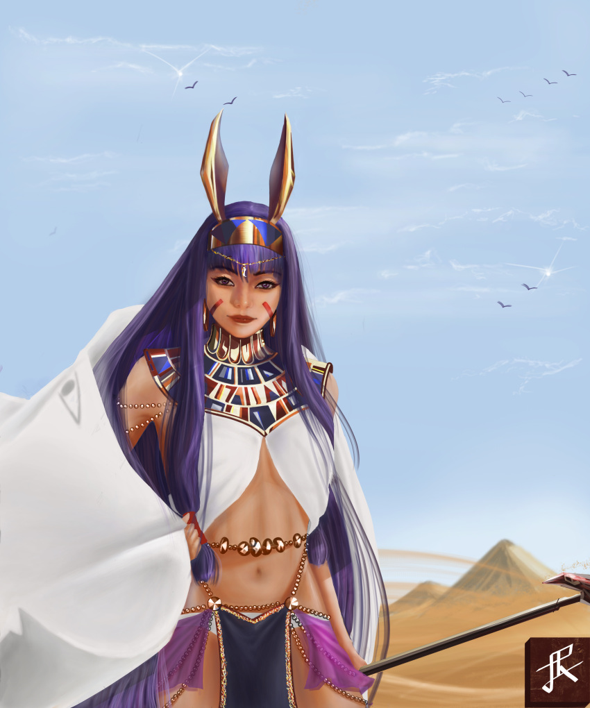 1girl absurdres animal_ears bangs blue_sky blunt_bangs blurry clouds cloudy_sky coat dark-skinned_female dark_skin depth_of_field desert earrings egyptian egyptian_clothes eyebrows_visible_through_hair facial_tattoo fate/grand_order fate_(series) hair_between_eyes hairband highres holding holding_staff jeia_drawsstuff jewelry long_hair looking_at_viewer midriff navel nitocris_(fate) purple_hair pyramid rabbit_ears realistic sand sandstorm sidelocks sky skyline solo staff tattoo violet_eyes white_coat