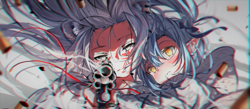 2girls aiming_at_viewer animal_ears blue_hair blush c4_art cardigan closed_mouth commentary floating_hair forehead grey_background grey_cardigan grey_eyes gun hair_between_eyes highres holding holding_gun holding_weapon hololive hug jitome light_blue_hair lion_ears long_hair looking_at_another looking_at_viewer multicolored_hair multiple_girls official_alternate_costume pointy_ears portrait revolver shell_casing shishiro_botan simple_background smoke smoking_gun streaked_hair symbol-only_commentary two-tone_hair virtual_youtuber wavy_mouth weapon wind yellow_eyes yukihana_lamy