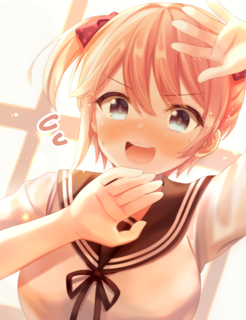 1girl :d absurdres arm_up backlighting bangs black_ribbon black_sailor_collar blue_eyes blurry blurry_background blush bow breasts commentary_request depth_of_field eyebrows_visible_through_hair flying_sweatdrops go-toubun_no_hanayome hair_between_eyes hair_bow highres looking_at_viewer medium_breasts nakano_ichika neck_ribbon open_mouth pink_hair polka_dot polka_dot_bow red_bow ribbon sailor_collar school_uniform serafuku shirt short_sleeves short_twintails smile solo sunlight teeth twintails upper_teeth white_shirt window yata_(yatao_zzz)