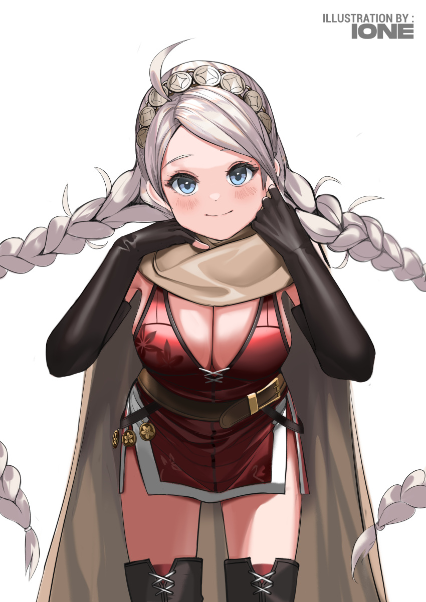 1girl absurdres ahoge bangs blue_eyes boots braid breasts cape closed_mouth commission commissioner_upload cosplay fingerless_gloves fire_emblem fire_emblem:_the_binding_blade gloves hairband highres igrene_(fire_emblem) igrene_(fire_emblem)_(cosplay) ioneare large_breasts long_hair looking_at_viewer nina_(fire_emblem) silver_hair thigh-highs thigh_boots thighs transparent_background twin_braids upper_body very_long_hair