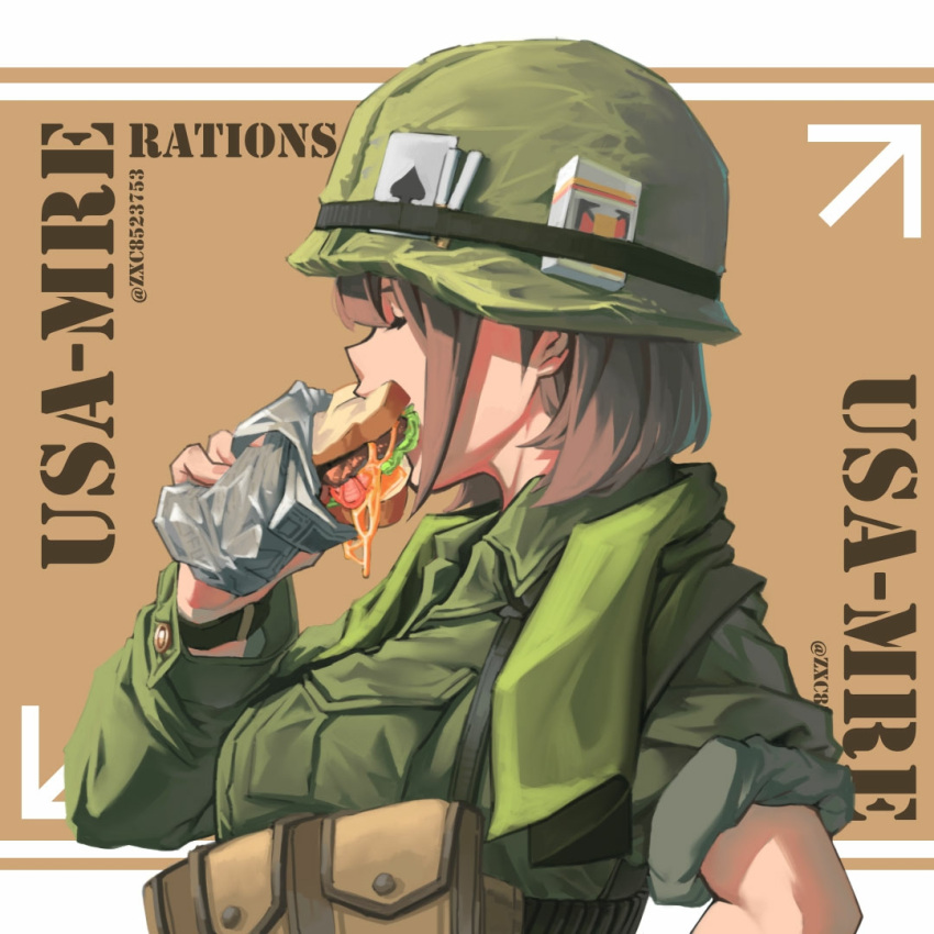 1girl ammunition_pouch brown_hair card cigarette cigarette_pack eating food food_in_mouth green_headwear green_jacket hat helmet holding holding_food jacket long_sleeves military military_hat military_uniform original playing_card pouch sandwich shirt short_hair sleeves_rolled_up solo towel uniform united_states_army vietnam_war watch zuoteng_lucha