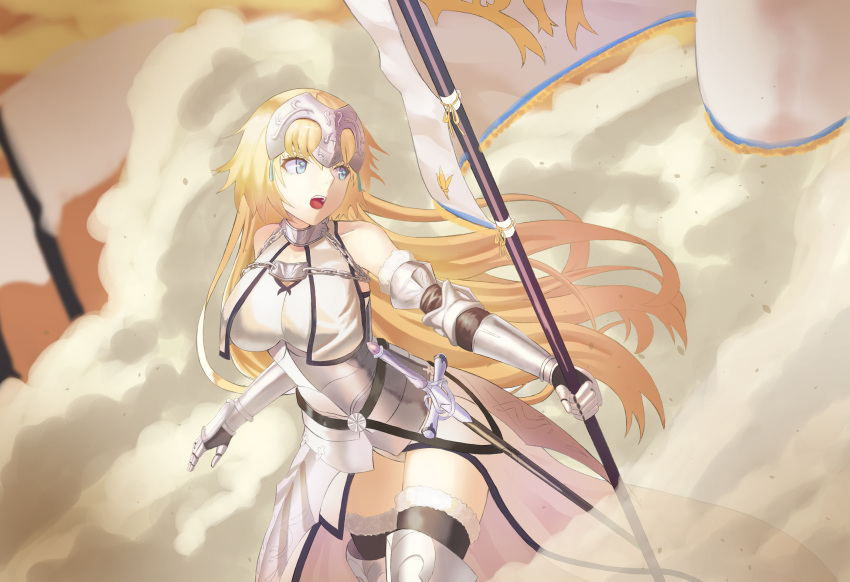 1girl 7aehyun armor bare_shoulders blonde_hair blue_eyes breasts chain detached_sleeves dust_cloud fate/grand_order fate_(series) gauntlets headphones highres jeanne_d'arc_(fate) jeanne_d'arc_(fate/apocrypha) large_breasts looking_to_the_side open_mouth polearm solo standard_bearer sword teeth thigh-highs thighs tongue weapon