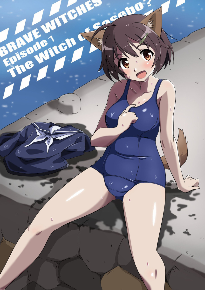 1girl ahoge animal_ears black_sailor_collar blue_swimsuit brave_witches breasts brown_eyes brown_hair clothes_removed copyright_name dog_ears dog_tail feet_out_of_frame hair_ornament hairclip highres karibuchi_hikari large_breasts neckerchief open_mouth sailor_collar sailor_shirt school_swimsuit shirt short_hair sitting smile solo swimsuit tail tricky_46 wet wet_clothes white_neckwear world_witches_series