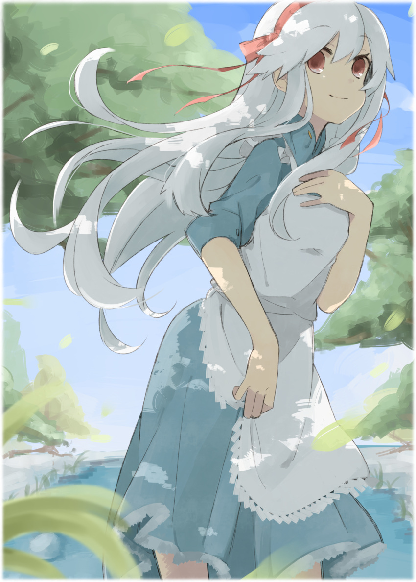 1girl apron bangs blue_dress dress forest full_body hair_ribbon hairband highres kagerou_project kozakura_marry long_hair looking_at_viewer nature pink_eyes pink_hairband pink_ribbon ribbon river short_sleeves sky solo standing suehachi_(hikage) sunlight tree very_long_hair water white_apron white_hair