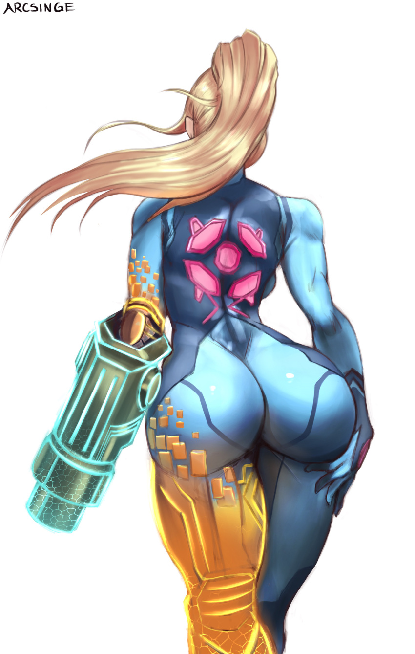 1girl absurdres arcsinge ass back backboob blonde_hair bodysuit breasts from_behind highres huge_ass metroid ponytail samus_aran simple_background skin_tight solo transforming_clothes white_background zero_suit