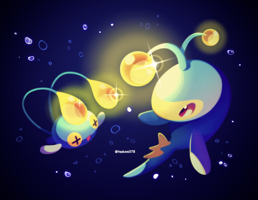 +_+ air_bubble bubble chinchou evolutionary_line eye_contact glowing highres jacknaiff lanturn looking_at_another no_humans pokemon pokemon_(creature) sparkle twitter_username underwater violet_eyes