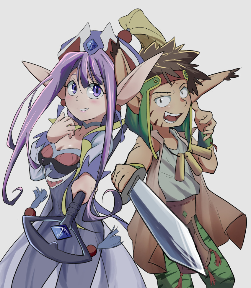 1boy 1girl absurdres breasts brown_hair dress earrings grandia grandia_i hat highres jewelry knife liete_(grandia) long_hair looking_at_viewer open_mouth pointy_ears purple_hair rapp_(grandia) see-through simple_background smile staff weapon yugingo