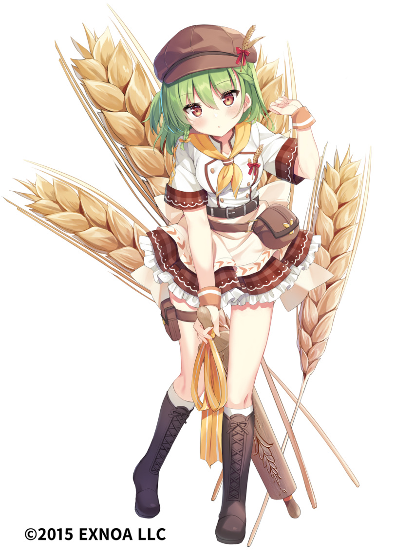 1girl bangs blush boots breasts brown_eyes brown_footwear brown_headwear brown_skirt cabbie_hat character_request closed_mouth commentary_request cross-laced_footwear eyebrows_visible_through_hair flower_knight_girl frilled_skirt frills full_body green_hair hair_between_eyes hand_up hat highres holding knee_boots kneehighs lace-up_boots medium_breasts natsuki_marina object_namesake official_art pleated_skirt rolling_pin shirt short_sleeves simple_background skirt solo standing white_background white_legwear white_shirt wrist_cuffs