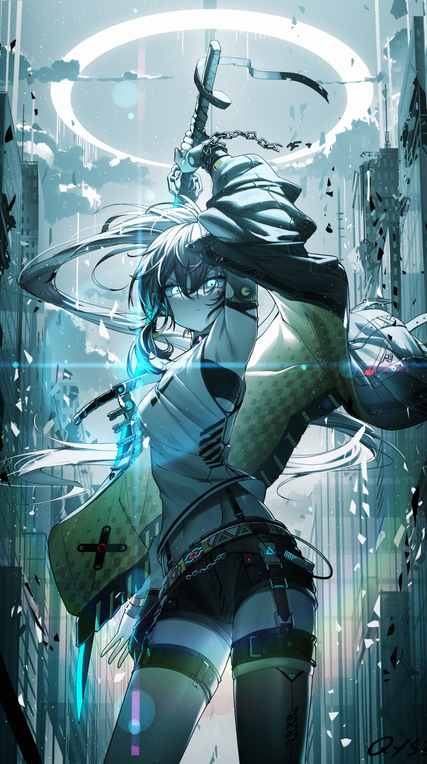 1girl arm_up bangs belt black_hair blue_eyes broken broken_chain building chain choker clouds facial_tattoo floating_hair glint hair_between_eyes heart heart_tattoo highres holding holding_sword holding_weapon jacket long_hair long_sleeves midriff_peek navel open_clothes open_jacket original ponytail qian_ye_(bai_yemeng) qys3 shirt shorts signature single_thighhigh skindentation sky sleeveless sleeveless_shirt sword tattoo thigh-highs weapon wire