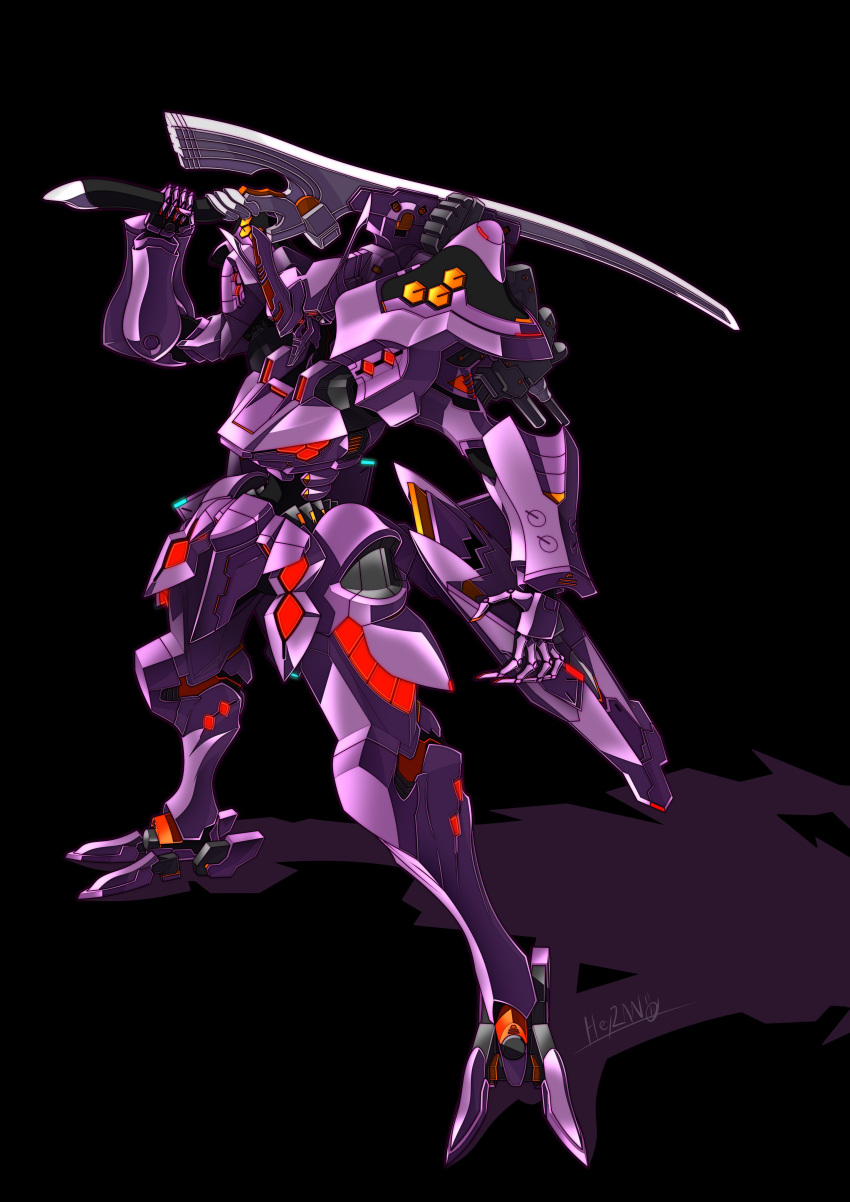 absurdres black_background glowing glowing_eye heyzan highres holding holding_sword holding_weapon mecha muvluv muvluv_alternative muvluv_alternative_(anime) no_humans open_hand red_eyes science_fiction solo standing sword tactical_surface_fighter takemikazuchi_(muvluv) weapon