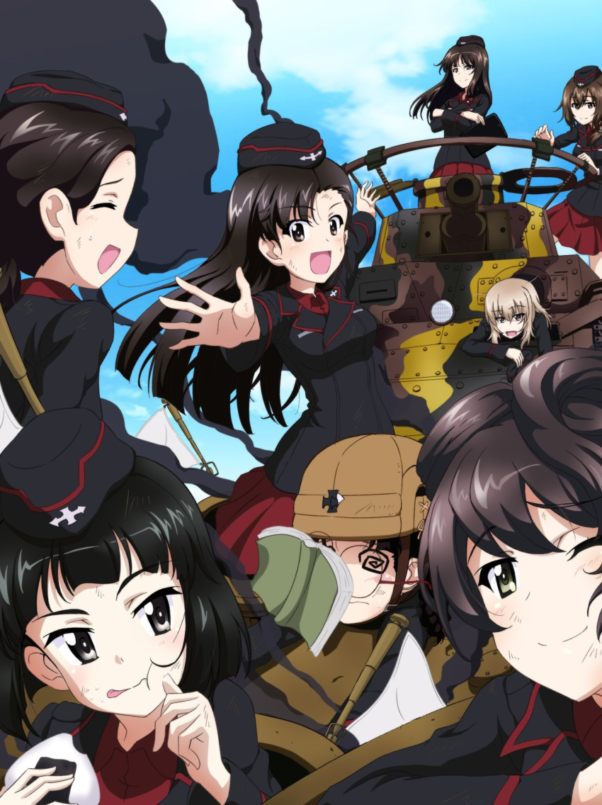 6+girls :d @_@ asymmetrical_bangs bangs black_eyes black_hair black_headwear black_jacket blue_eyes blunt_bangs bob_cut brown_eyes brown_hair commentary commission crossed_arms dress_shirt eyebrows_visible_through_hair fukuda_haru garrison_cap girls_und_panzer glasses ground_vehicle hair_rings hat highres hosomi_shizuko insignia itsumi_erika jacket key_(gaigaigai123) kuromorimine_military_uniform long_hair long_sleeves military military_hat military_vehicle motor_vehicle multiple_girls nishi_kinuyo nishihara_yasoko nishizumi_maho nishizumi_shiho open_mouth pleated_skirt red_shirt red_skirt round_eyewear shirt short_hair silver_hair skirt smile smoke straight_hair tamada_tamaki tank type_97_chi-ha wing_collar