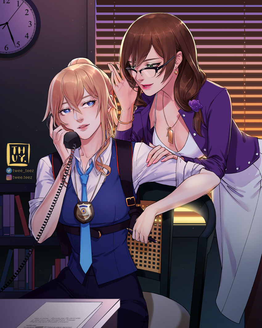 2girls alternate_costume arm_support bangs belt bent_over bespectacled blinds blonde_hair blue_eyes book bookshelf bracelet brown_hair cable calling chair clock collarbone commentary contemporary desk dual_wielding earrings english_commentary eyebrows_visible_through_hair genshin_impact glasses gun gun_case hair_between_eyes hair_ornament handgun highres holding holding_pen holding_phone jean_(genshin_impact) jewelry lisa_(genshin_impact) long_hair long_sleeves looking_at_another low-tied_long_hair multiple_girls necklace necktie office_chair parted_lips pen phone police_badge ponytail sidelocks smile thuy_t. vest_over_shirt wall_clock weapon whispering window