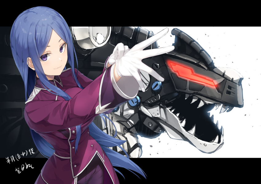 1girl bangs blue_hair breasts buttons collared_shirt double-breasted gloves hannah_melville long_hair long_sleeves mecha meth_(emethmeth) parted_bangs shirt sidelocks smile solo violet_eyes white_gloves zoids_wild_zero