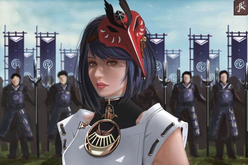 1girl 6+boys armor bangs black_bodysuit black_hair blurry bodysuit commentary depth_of_field detached_sleeves eyebrows_visible_through_hair flag genshin_impact hair_between_eyes highres japanese_armor japanese_clothes jeia_drawsstuff jewelry kujou_sara looking_at_viewer mask mask_on_head multiple_boys necklace realistic shogunate_samurai_(genshin_impact) short_hair sidelocks tengu_mask turtleneck yellow_eyes