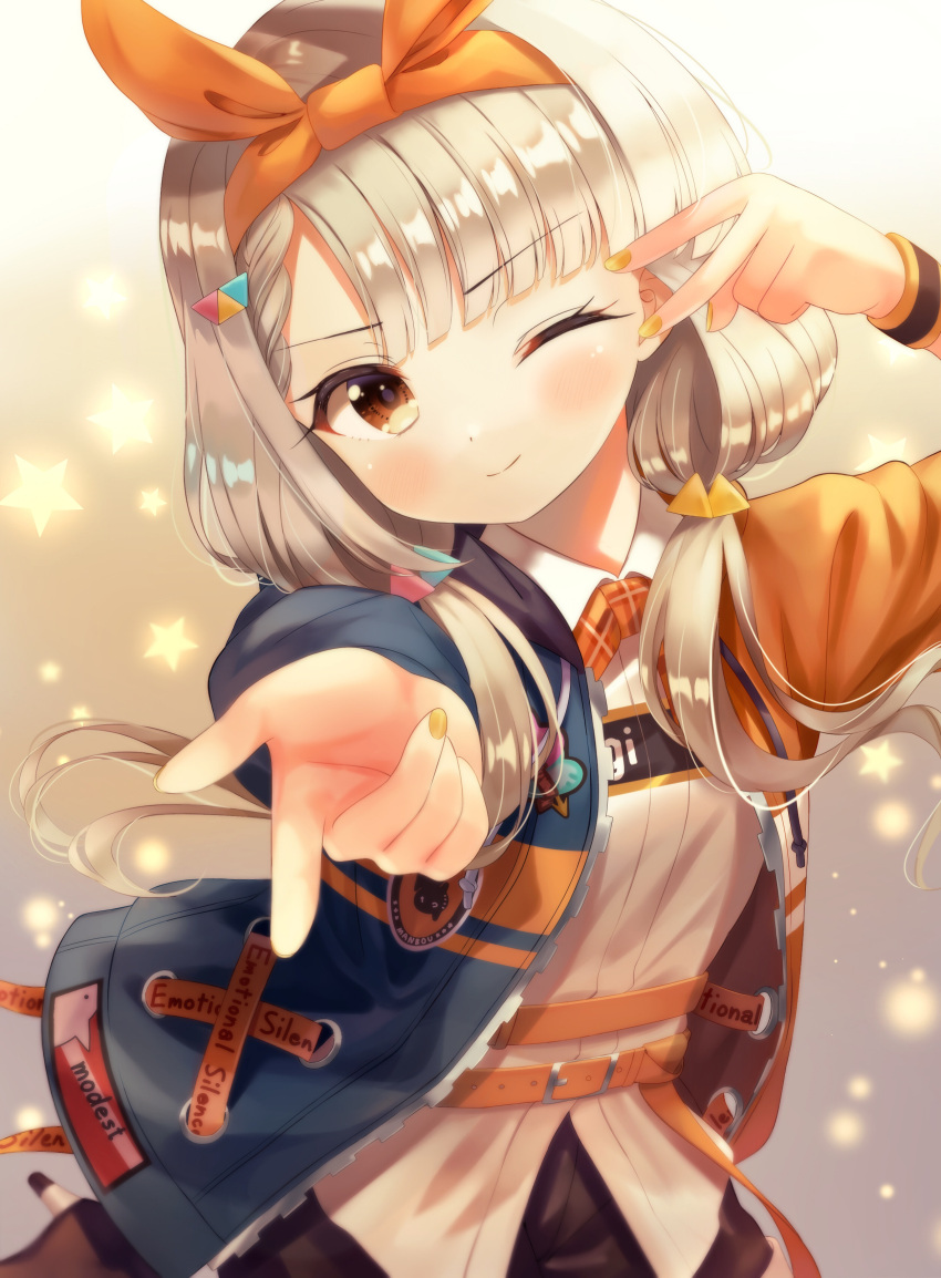 1girl ;) absurdres arm_up bangs black_jacket black_shorts blush bow braid braided_bangs brown_eyes closed_mouth collared_shirt commentary_request dress_shirt eyebrows_visible_through_hair grey_hair hair_ornament hair_over_shoulder hair_ribbon head_tilt highres hisakawa_nagi idolmaster idolmaster_cinderella_girls idolmaster_cinderella_girls_starlight_stage jacket long_hair long_sleeves looking_at_viewer low_twintails nail_polish one_eye_closed orange_bow orange_jacket orange_ribbon outstretched_arm plaid plaid_bow ribbon shirt short_shorts shorts smile solo starry_background twintails very_long_hair white_shirt yata_(yatao_zzz) yellow_nails