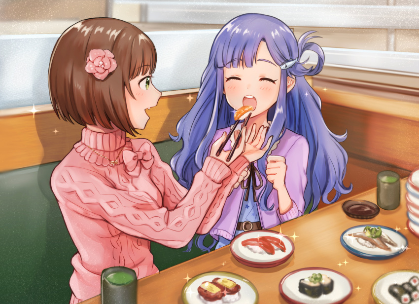 2girls aran_sweater asari_nanami belt blue_dress blue_hair blush breasts brown_belt brown_hair brown_ribbon cable_knit cardigan chopsticks clenched_hand closed_eyes dress fang feeding fish_hair_ornament flower food green_eyes green_tea hair_flower hair_ornament hair_rings hands_up highres holding holding_chopsticks idolmaster idolmaster_cinderella_girls idolmaster_cinderella_girls_starlight_stage indoors jewelry large_breasts long_hair long_sleeves looking_at_another maekawa_miku multiple_girls neck_ribbon necklace open_mouth pink_flower pink_ribbon pink_sweater purple_cardigan ribbon short_hair sitting small_breasts smile soy_sauce sparkle sushi sweater table tea teeth tori_ririisu turtleneck turtleneck_sweater upper_teeth_only very_long_hair