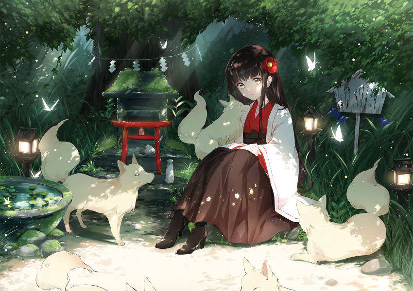 1girl animal bangs black_bow black_footwear black_hair bottle bow breasts brown_eyes brown_skirt bug butterfly closed_mouth commentary_request dappled_sunlight flower fox glowing grass hair_flower hair_ornament hands_on_lap haori high_heels highres japanese_clothes kimono knees_up lantern long_hair looking_at_viewer moss obi original outdoors plant red_flower red_kimono rock sash sena_tea29 shide shrine sign sitting skirt small_breasts solo sunlight torii tree water wide_sleeves wooden_lantern