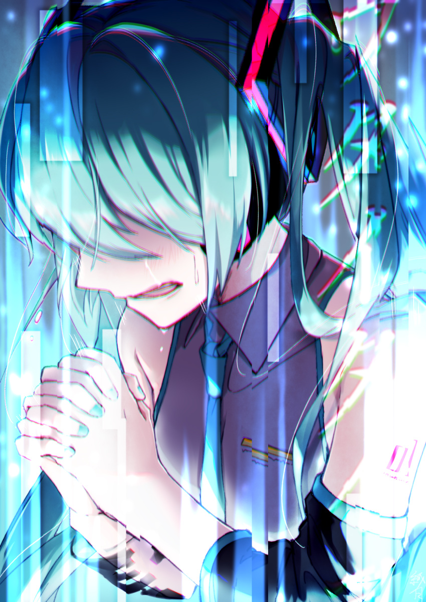 1girl aqua_hair aqua_nails aqua_neckwear bare_shoulders black_sleeves chromatic_aberration commentary covered_eyes crying detached_sleeves digital_dissolve glitch grey_shirt hair_ornament hands_together hatsune_miku hatsune_miku_no_shoushitsu_(vocaloid) headphones highres interlocked_fingers long_hair nail_polish necktie open_mouth praying shinoduki shirt shoulder_tattoo sleeveless sleeveless_shirt solo tattoo twintails upper_body very_long_hair vocaloid