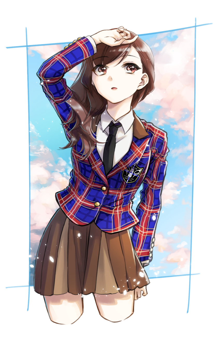 1girl arm_at_side arm_up bangs black_neckwear blazer blue_jacket blue_sky border brown_eyes brown_hair brown_skirt buttons cherry_blossoms collared_shirt commentary_request cowboy_shot cropped_legs day emblem eyebrows_visible_through_hair falling_petals hair_over_shoulder hand_on_own_head highres jacket long_hair long_sleeves looking_at_viewer miniskirt multicolored multicolored_clothes multicolored_jacket necktie outdoors outside_border parted_lips petals plaid plaid_jacket pleated_skirt red_jacket school_uniform shirt shoujo_kageki_revue_starlight skirt sky solo standing swept_bangs tareko white_border white_shirt yanagi_koharu