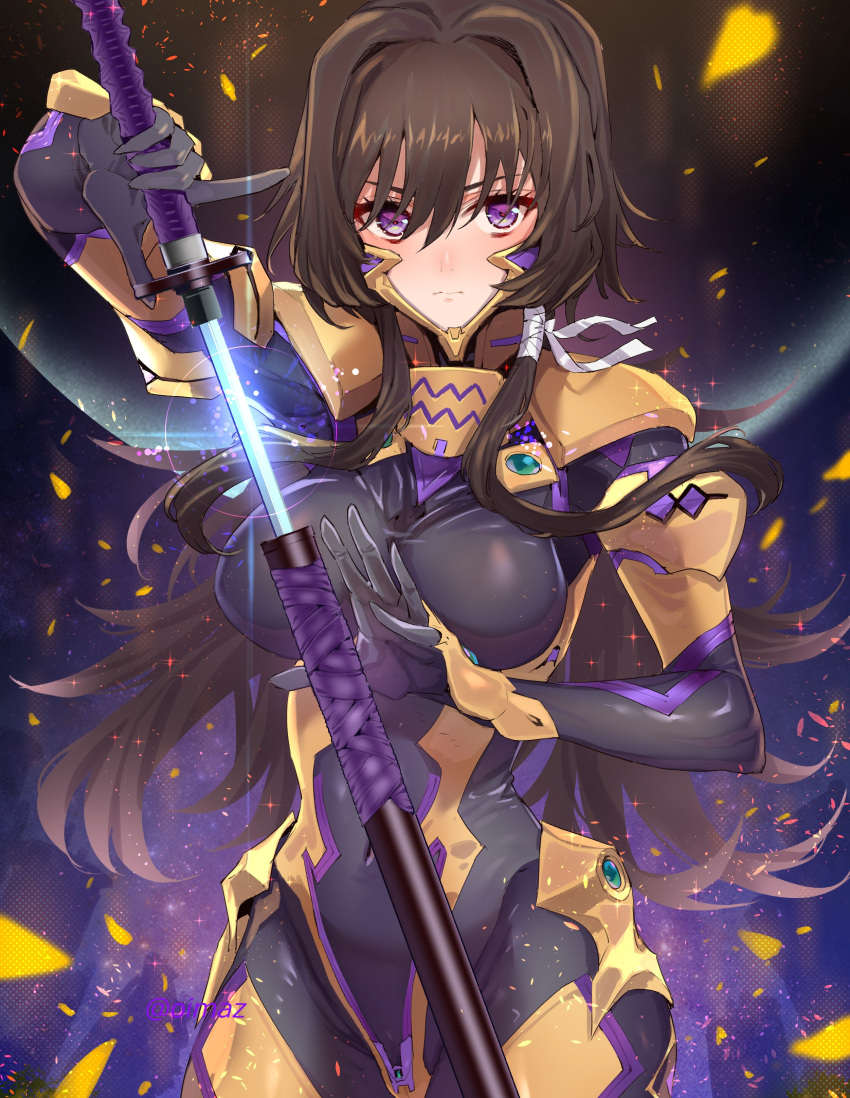 1girl absurdres black_bodysuit bodysuit breasts brown_hair commission covered_navel fortified_suit hair_intakes highres holding holding_sword holding_weapon impossible_bodysuit impossible_clothes katana large_breasts long_hair looking_at_viewer muvluv muvluv_alternative muvluv_total_eclipse pilot_suit scabbard sheath shiny shiny_clothes shiny_hair skin_tight solo standing sword tajima_ryuushi takamura_yui unsheathing violet_eyes weapon