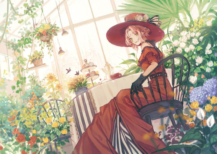 1girl bare_shoulders belt black_gloves black_ribbon braid bug butterfly chair chinese_commentary choker commentary cup dress flower frilled_dress frills garden gloves green_eyes haruno_sakura hat hat_flower hat_ornament highres indoors lace_trim long_dress looking_at_viewer looking_to_the_side naruto naruto_(series) orange_flower parted_lips pastry pink_hair plant potted_plant purple_flower red_dress red_flower red_headwear ribbon senryoko short_hair sitting solo sunflower table tablecloth white_flower window yellow_flower
