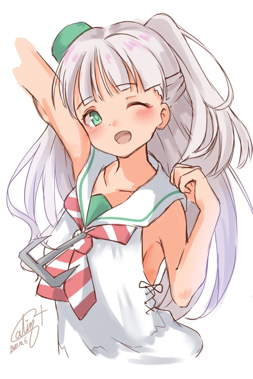 1girl anchor_hair_ornament anchor_necklace bangs blunt_bangs commentary_request dress green_eyes green_headwear hair_ornament hair_ribbon highres kantai_collection long_hair looking_at_viewer maestrale_(kancolle) neckerchief one-hour_drawing_challenge one_eye_closed one_side_up pen_chou ribbon sailor_dress silver_hair simple_background sleeveless sleeveless_dress solo striped striped_neckwear tilted_headwear upper_body white_background white_dress white_ribbon