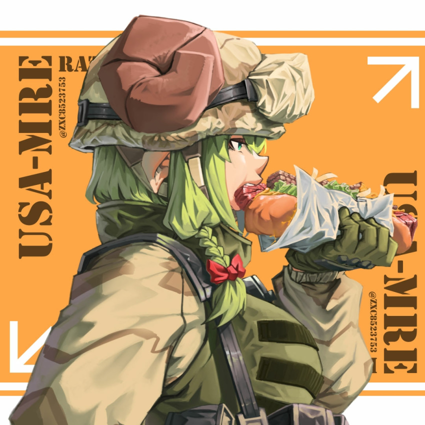1girl bangs braid camouflage camouflage_jacket eating food food_in_mouth gloves goat_girl goat_horns green_eyes green_gloves green_hair hair_ribbon hat helmet holding holding_food horns hot_dog jacket long_sleeves medium_hair military military_hat military_uniform original pointy_ears ribbon solo uniform united_states_army vest zuoteng_lucha
