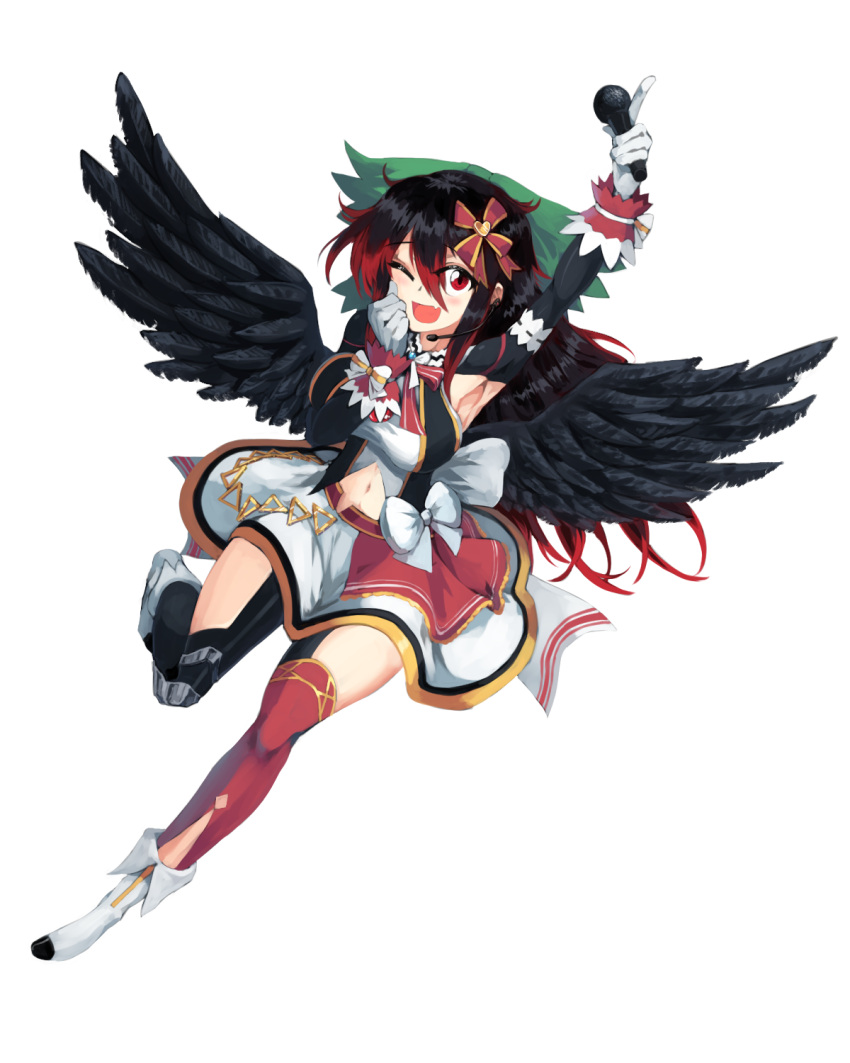 1girl bird_wings black_hair black_wings dress formal frilled_dress frills hair_ribbon highres holding holding_microphone idol idol_clothes long_hair microphone red_eyes reiuji_utsuho ribbon simple_background solo suit sunyup touhou white_background wings