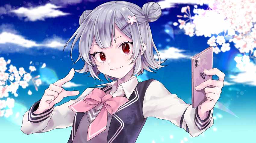 1girl blazer blue_jacket bow bowtie cellphone cevio cherry_blossoms clouds commentary day double_bun grey_hair grey_sweater hair_ornament hairclip highres jacket koharu_rikka logo outdoors phone pink_neckwear pointing red_eyes school_uniform selfie short_hair smartphone smile solo sweater synthesizer_v taking_picture toudou_charo upper_body