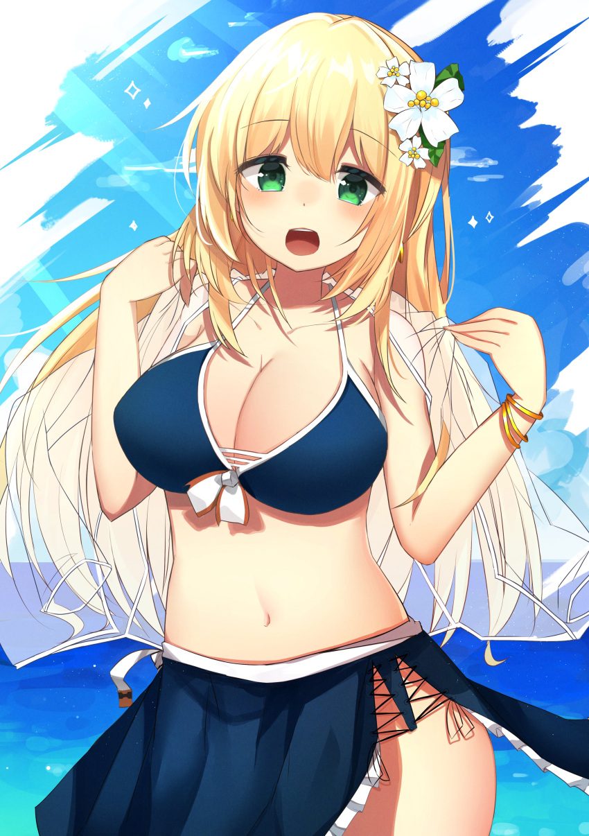 1girl absurdres atago_(kancolle) bikini bikini_skirt blonde_hair blue_bikini blue_skirt blue_sky breasts clouds commentary_request cowboy_shot day flower green_eyes hair_flower hair_ornament highres horizon kantai_collection katsuobushi_(eba_games) large_breasts long_hair looking_at_viewer ocean open_mouth skirt sky solo swimsuit