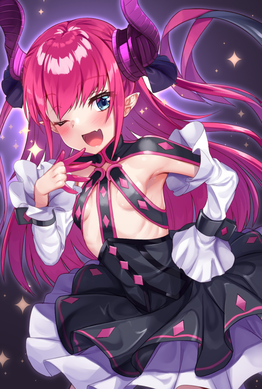 1girl asymmetrical_horns blue_eyes breasts corset curled_horns dragon_girl dragon_horns dragon_tail dress elizabeth_bathory_(fate) elizabeth_bathory_(fate)_(all) elizabeth_bathory_(fate/extra_ccc) fang fate/grand_order fate_(series) highres horns layered_dress long_hair one_eye_closed open_mouth pink_hair pointy_ears skin_fang small_breasts solo tail tenneko_yuuri
